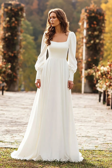 Ivory A Line Square Neck Long Sleeve Wedding Dress